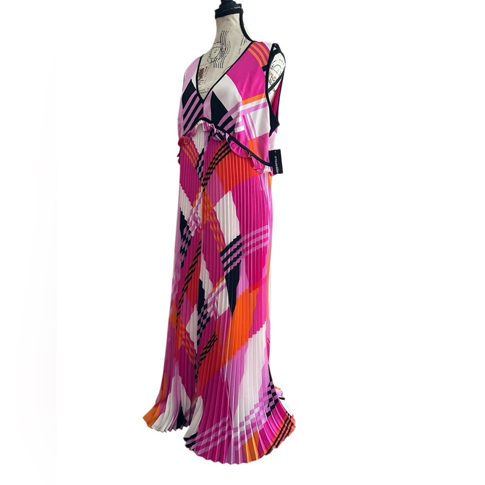 Karl Lagerfeld Paris Pleated Sleeveless Dress Pink Orange Geometric NWT 14 Bold - Picture 13 of 16